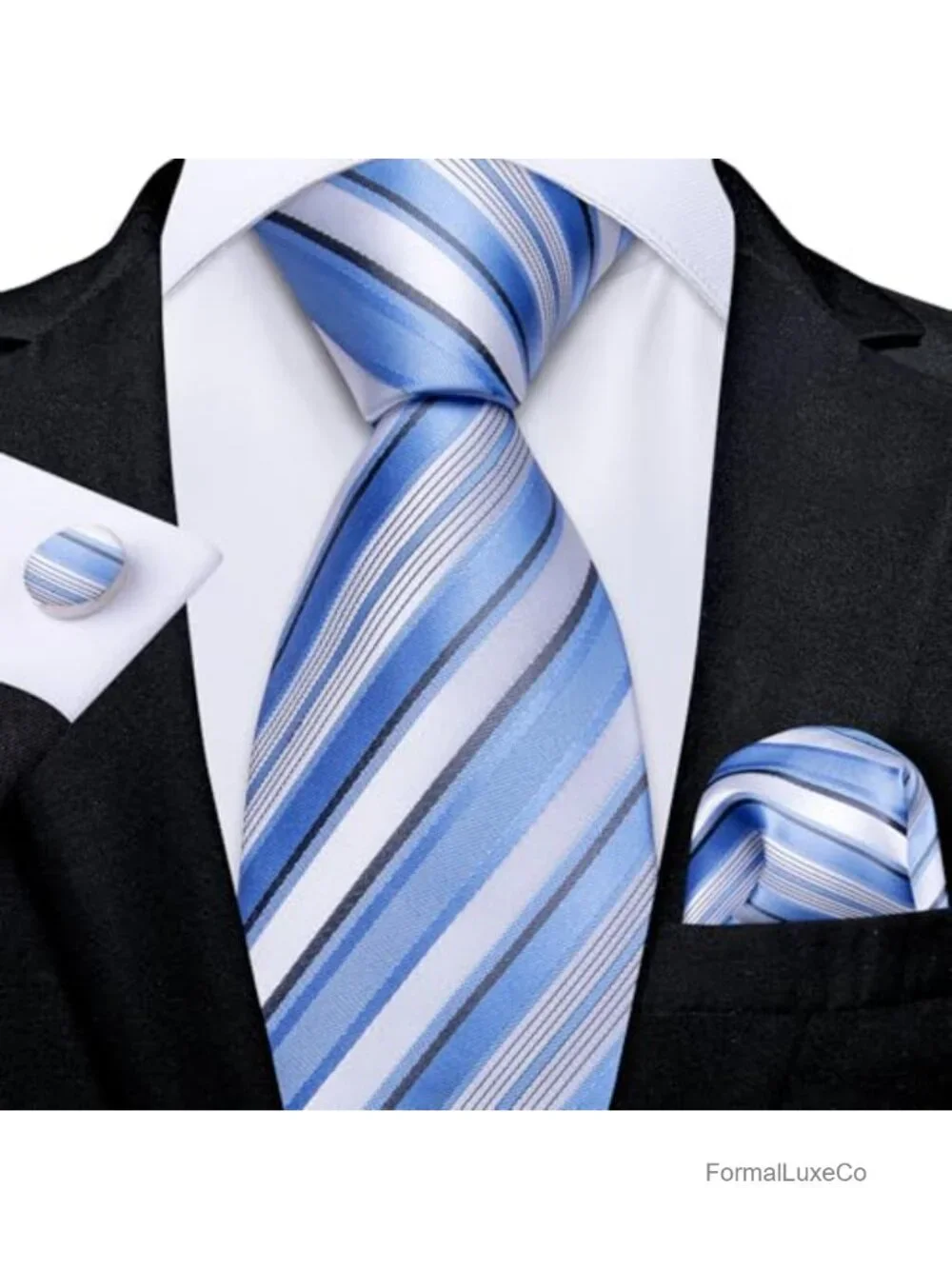 Men's Silk Tie & Pocket Square Set with Cufflinks, Plaid Striped Necktie